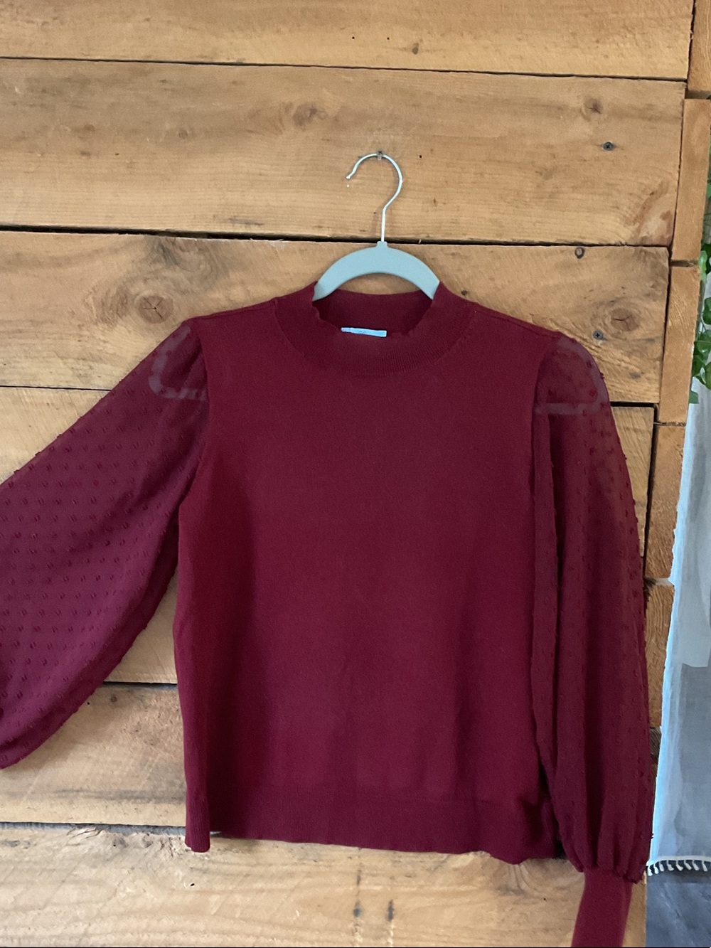 CeCe Wine Crewneck Sweater with Sheer Dot Bishop Sleeves
